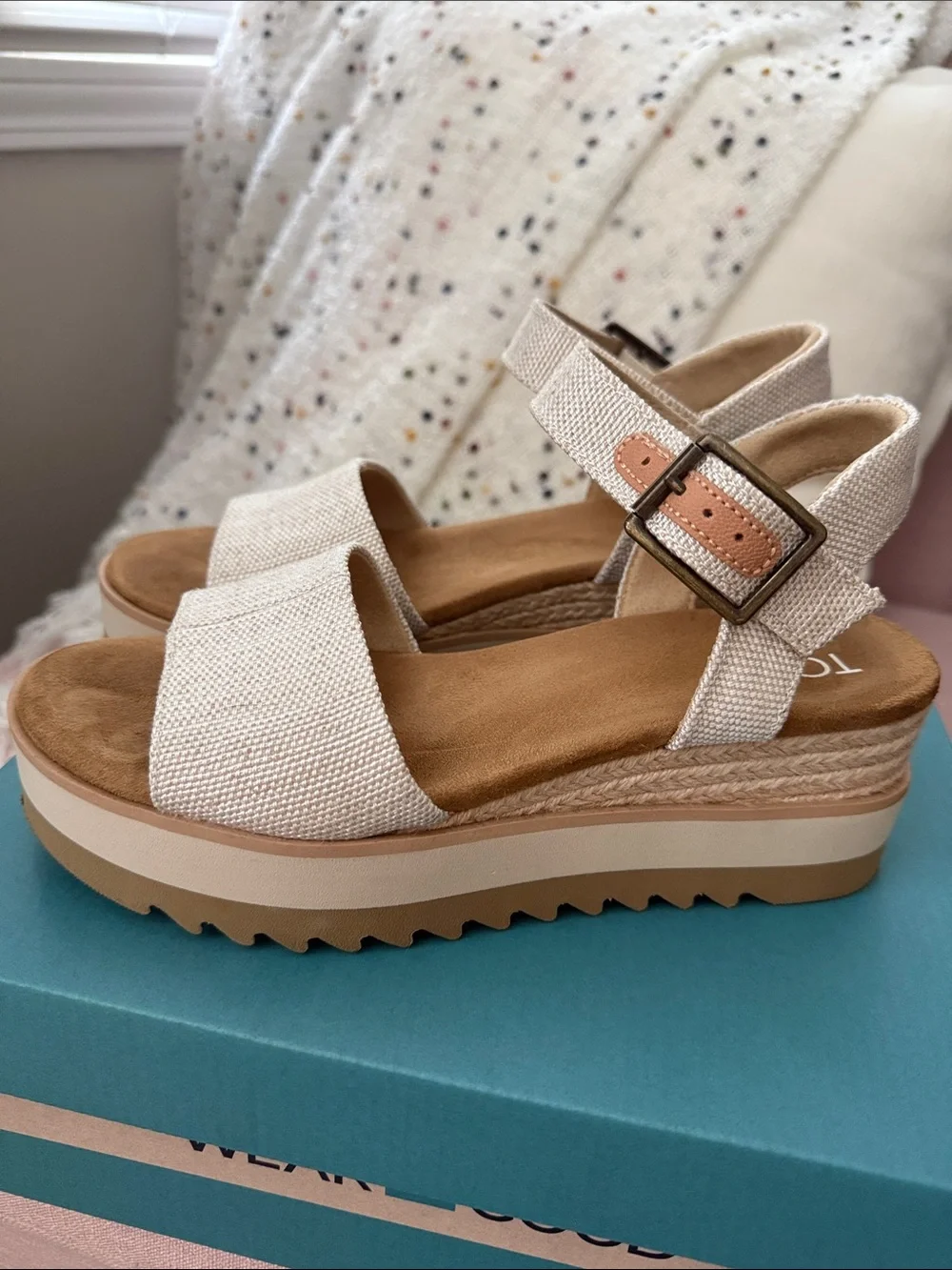 TOMS Natural Canvas Wedge Sandals - Picture 4 of 7